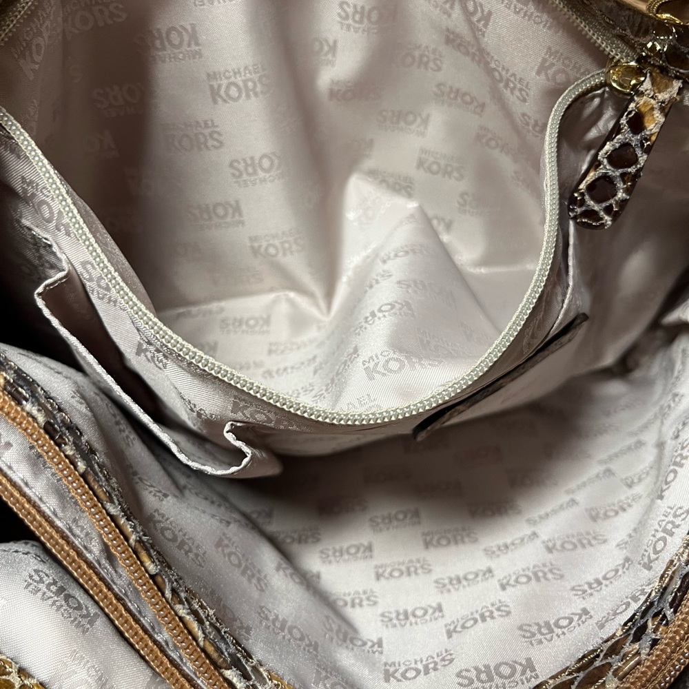 Michael Kors - Python Embossed Leather Shoulder Bag - Gray/Tan - Picture 9 of 10